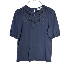 Boden Navy Blue Cutwork Lace Embroidered Puff Short Sleeve T Shirt Size 2